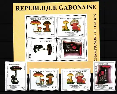 Gabun 1484-1487 und Block 102 postfrisch Pilze #HQ168