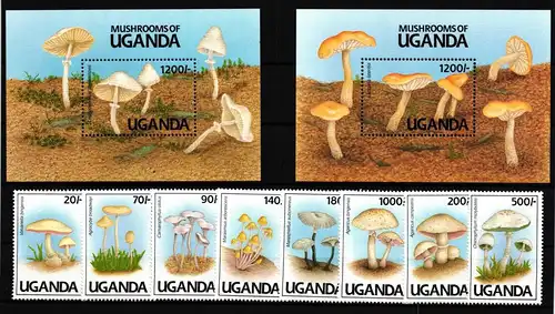 Uganda 950-957 und Block 146 und 147 postfrisch Pilze #HQ033