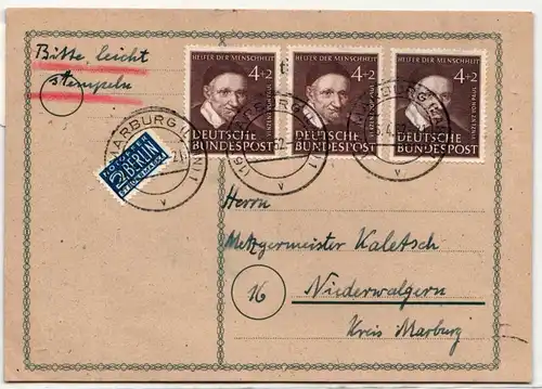 BRD 143 auf Postkarte als Mehrfachfrankatur um 2 Pfennig überfrankiert #HW507