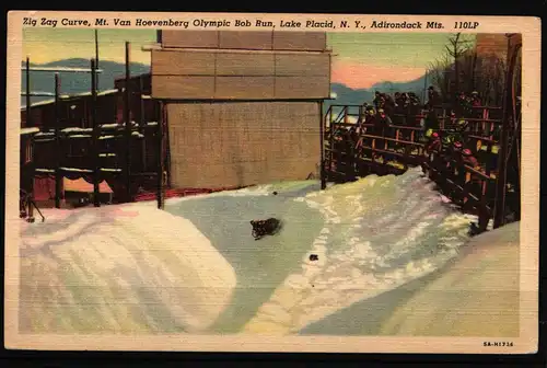 Olympische Spiele 1932 Lake Placid Postkarte Bob Rennen gebraucht #IE378