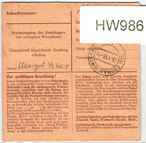 BRD 138 auf Paketkarte, portogerecht #HW986