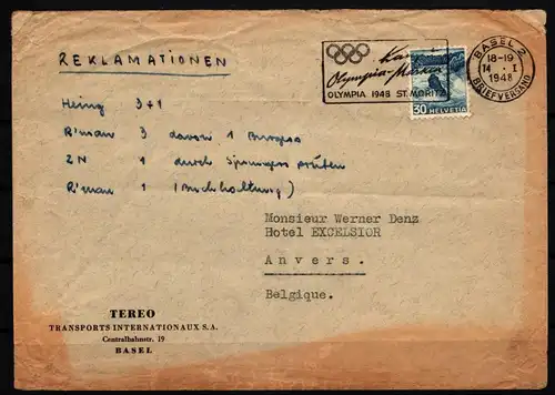Schweiz 504 auf Brief Werbestempel Olympische Winterspiele 1948 #IE480