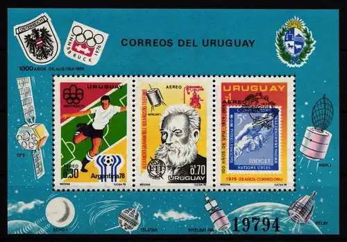 Uruguay Block 29 mit 1406-1408 postfrisch Fußball, Telefon, Post #IB068