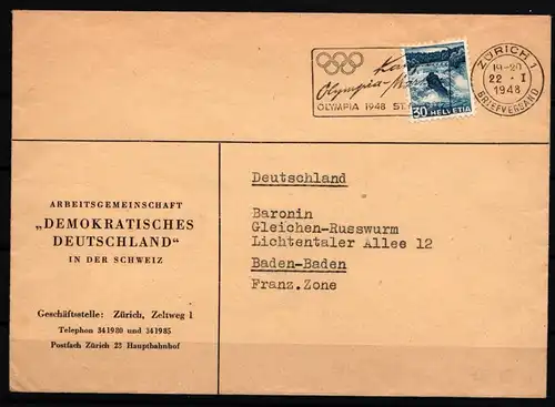 Schweiz 504 auf Brief Werbestempel Olympische Winterspiele 1948 #IE484