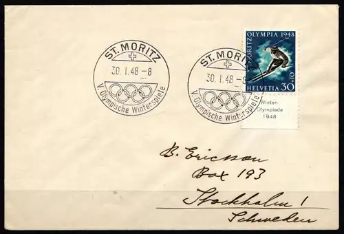 Schweiz 495 auf Brief als Einzelfrankatur UR Olympische Winterspiele 1948 #IE474