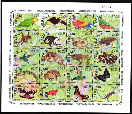 Nicaragua 3089-3108 postfrisch Zusammendruckbogen / Wildtiere #IH155