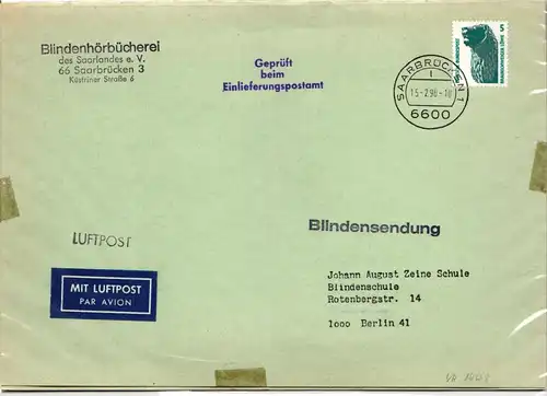 BRD 1448 auf Brief portogerechte Blinden-Luftpostsendung #ID791