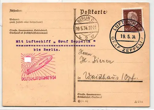 Deutsches Reich 420 als Einzelfrankatur auf Zeppelinkarte #ID832
