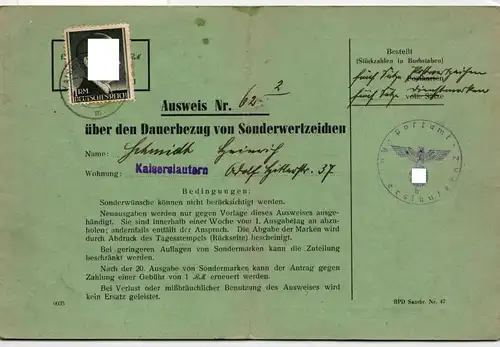 Deutsches Reich 799 Dauerbezugsausweis Postwertzeichen #IL187