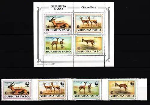 Burkina Faso 1298-1301 und Block 139 postfrisch Wildtiere #IH473