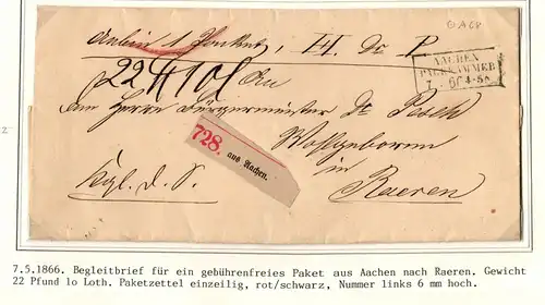 Preußen Paketbegleitbrief für ein gebührenfreies Paket aus Aachen #IB677