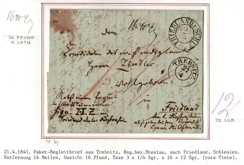 Vorphila Paketbegleitbrief von 1845 nach Schriftentarif taxiert #IB589