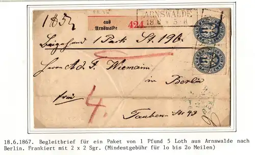 Preußen Paketbegleitbrief von 1867 frankiert mit 2x2 Sgr. #IB642