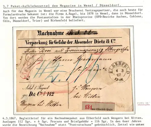 Preußen Paketbegleitbrief für ein Nachnahmepaket Magazin Wesel #IB676