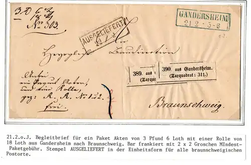 Braunschweig Paketbegleitbrief Aufgabezettel mit Taxquadrat #IB816