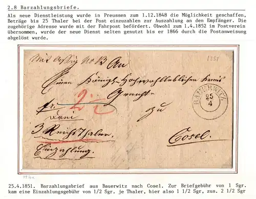 Vorphila Barzahlungsbrief von 1851 aus Bauerwitz nach Cosel #IB631