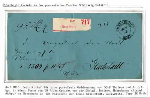 Norddeutscher Bund Paketbegleitbrief Rendsburg - Glückstadt Aufgabezettel #IB970