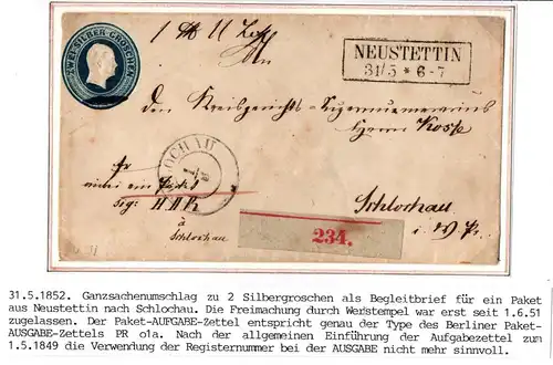 Preußen Paketbegleitbrief als Ganzsachenumschlag von 1852 Aufgabe Zettel #IB606