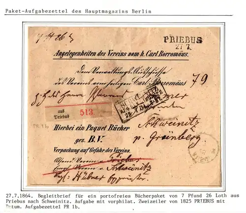 Vorphila Paketbegleitbrief von 1864 für eine portofreie Büchersendung #IB643