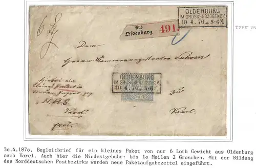 Norddeutscher Bund Paketbegleitbrief Oldenburg - Varel, Aufgabezettel #IB930