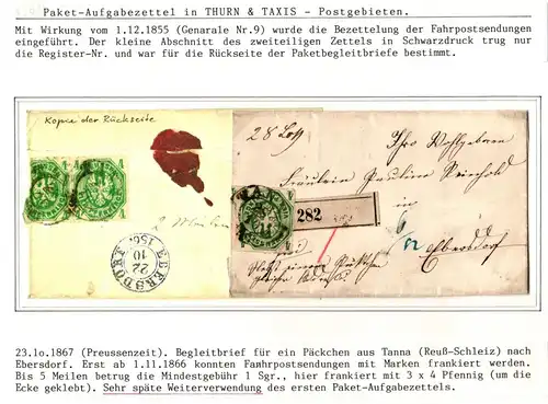 Preußen 14b (3x) Paketbegleitbrief Tanna - Ebersdorf, Aufgabezettel #IB980