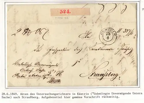 Vorphila Paketbegleitbrief von 1849 mit Aufgabezettel aus Küstrin #IB612