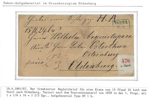Oldenburg Paketbegleitbrief aus Varel nach Oldenburg #IB929