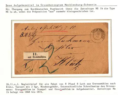 Norddeutscher Bund Paketbegleitbrief Grevesmühlen - Klütz, Aufgabezettel #IB946