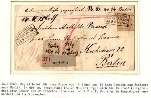 Norddeutscher Bund 6 und 25 als Paar als Paketbegleitbrief aus Stolberg #IB689
