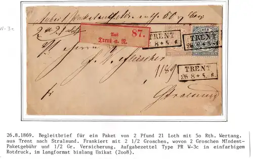 Norddeutscher Bund Paketbegleitbrief Wertsendung Trent - Stralsund #IO532