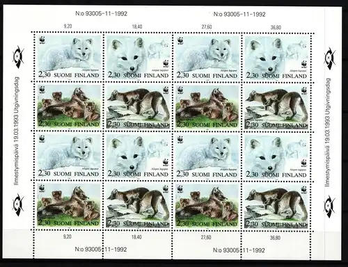 Finnland 830-833 postfrisch als ZD-Bogen, Füchse, WWF #IG323