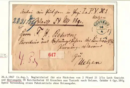 Hannover Paketbegleitbrief für Paket mit 59 Reichsthaler nach Uelzen #IB856