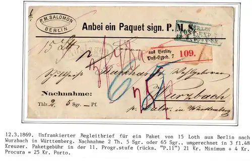 Preußen Paketbegleitbrief mit Postvorschuss aus Berlin nach Wurzbach #IB729