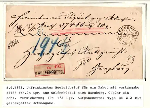 Braunschweig Paketbegleitbrief portofreie mit Wertangabe 37466 rth. #IB833