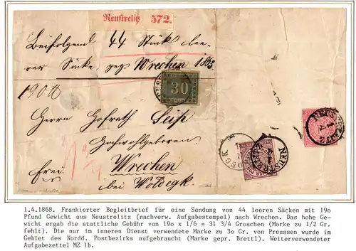 Norddeutscher Bund mit Preußen 21 auf Paketbegleitbrief aus Neustrelitz #IB959
