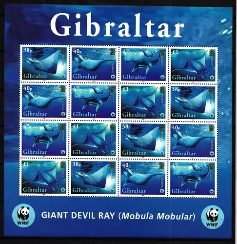 Gibraltar 1150-1153 postfrisch als Zd-Bogen, Rochen, WWF #IG333