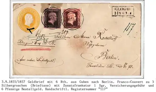 Preußen Geldbrief Franco Brief Glogau - Berlin #IO548