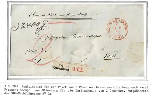 Oldenburg Paketbegleitbrief mit Franco Stempel und Aufgabezettel NDP #IB924