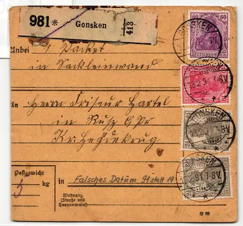 Deutsches Reich 86 IIa, 92 II b, 98 auf Paketkarte geprügt Peschel BPP #IT030