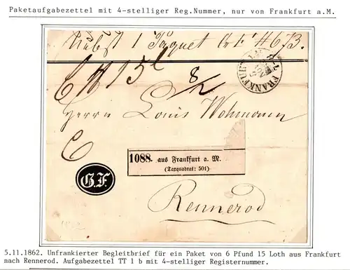 Thurn & Taxis Paketbegleitbrief Frankfurt - Rennerod, 4-stellige Register #IB993