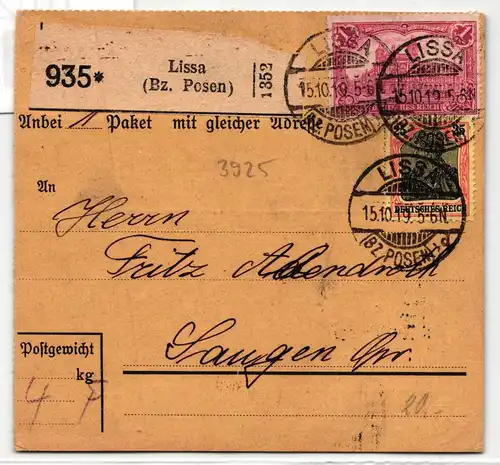 Deutsches Reich 85 I, 94 AI auf Paketkarte gestempelt Lissa, gepr. Infla #IT029