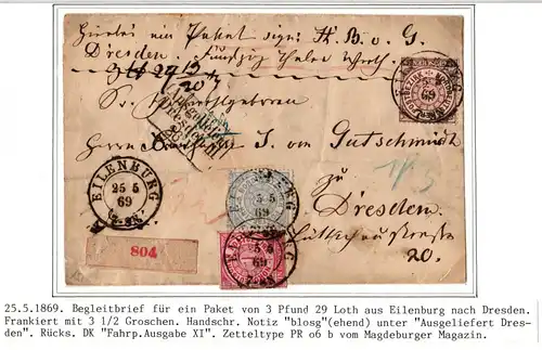 Norddeutscher Bund Paketbegleitbrief Aufgabezettel Eilenburg - Dresden #IO558
