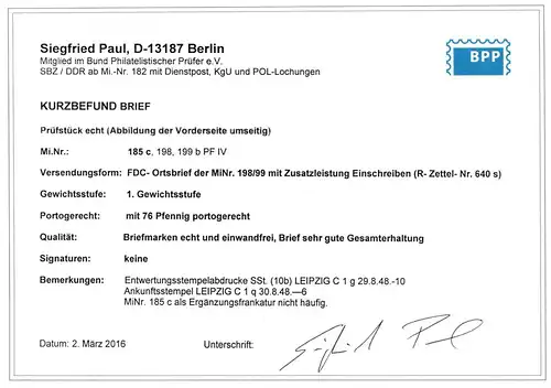 SBZ 185 c, 198, 199 b als Ersttagsbrief portogerecht, Kurzbefund Paul BPP #IP488