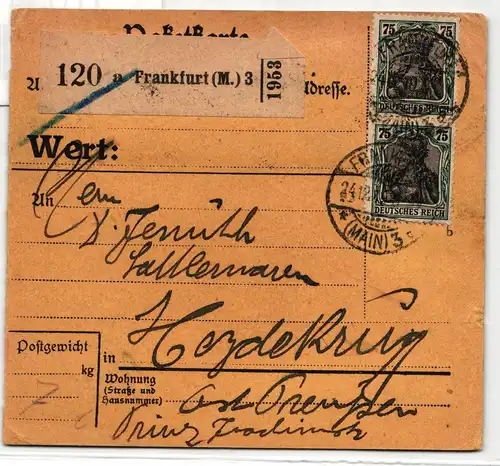 Deutsches Reich 104 b, 109 auf Paketkarte, Memel Beleg, geprüft Infla #IT034