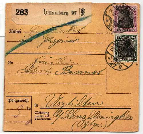 Deutsches Reich 104 b, 109 auf Paketkarte geprüft Infla #IT033