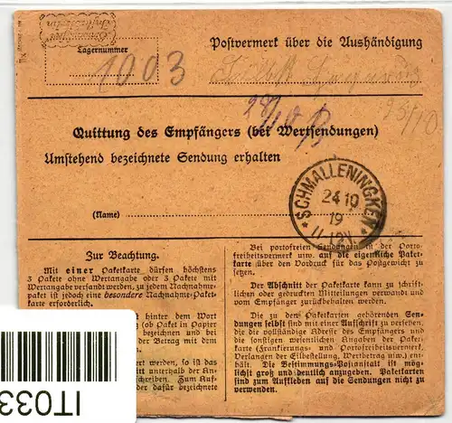 Deutsches Reich 104 b, 109 auf Paketkarte geprüft Infla #IT033