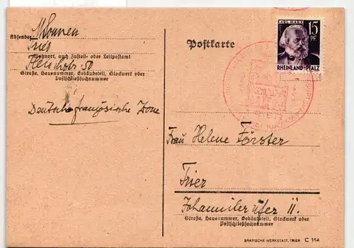 Französische Zone Rheinland-Pfalz 5 auf Postkarte echt gelaufen #IS037
