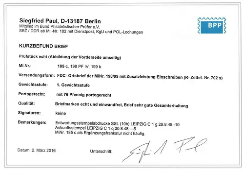 SBZ 185 c, 198, 199 b als Ersttagsbrief portogerecht, Kurzbefund Paul BPP #IP489