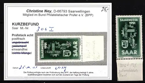 Saarland 306 PF I postfrisch Befund Ney BPP #IT400