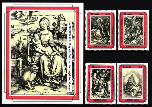 Nevis 779, 781, 783, 786 und Block 69 postfrisch Albrecht Dürer #IH891